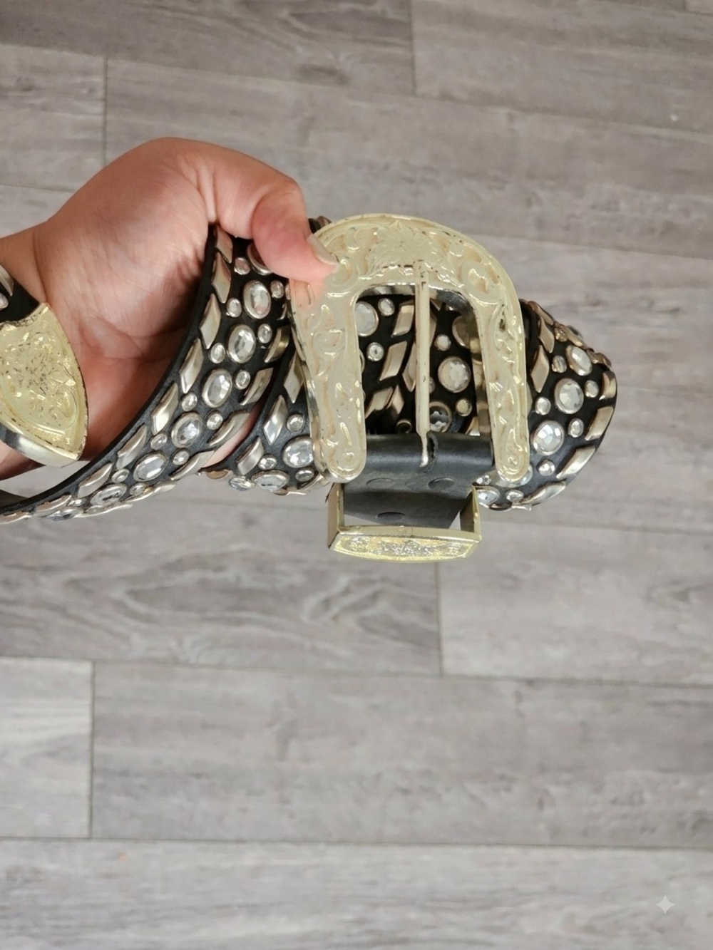 Vintage Western Bling Black Belt with Floral Western Buckle 44 Inch - Picture 3 of 7